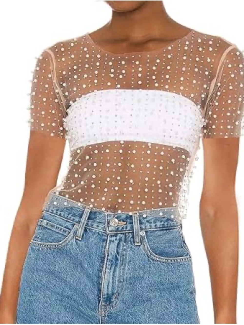 Endless Blu Boutique Embellished Pearls Sheer Ivory Short Sleeve Top